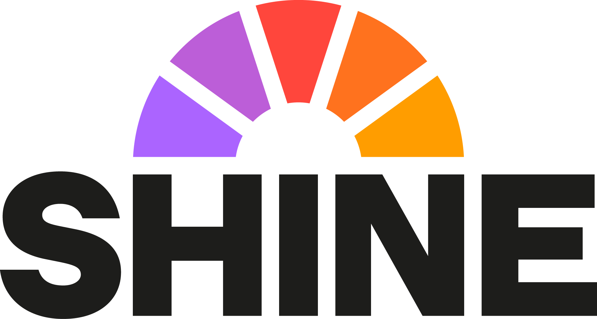 SHINE logo. Bold dark font with a rainbow above in CCC colours purple to red to yellow.